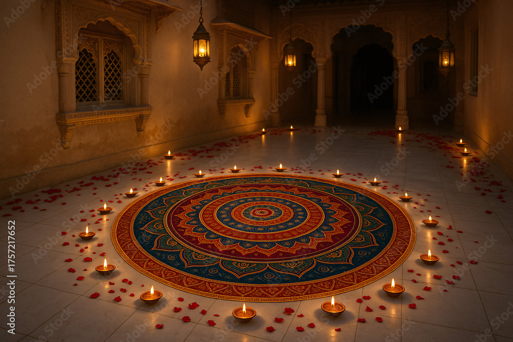 Obraz premium Grand Circular Rangoli with Multi-Layered Mandala Design - Traditional Diwali Festival Floor Art