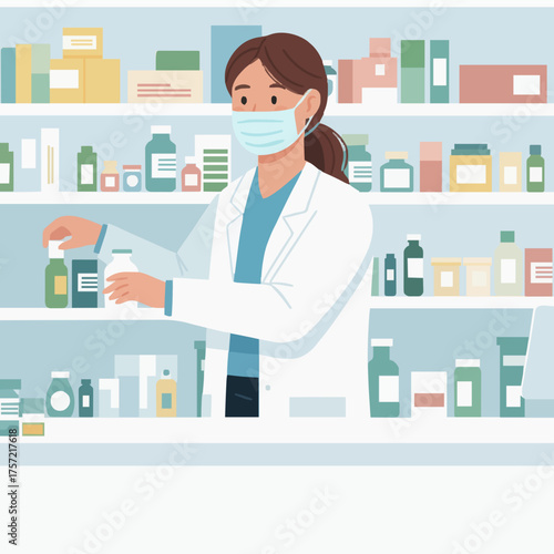 Pharmacist Arranging Medicines Vector Illustration – Minimal Flat Pharmacy Design for Healthcare and Wellness Concepts