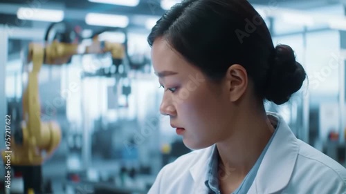 Scientist amidst robotic arms studies something intently