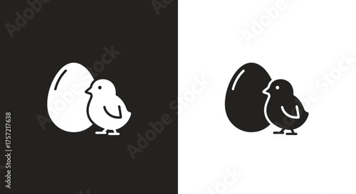 Minimalist icon of a baby chick standing next to an egg.