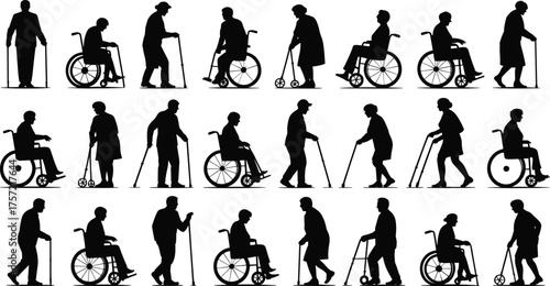 Elderly mobility support, seniors using wheelchairs and walking aids, disability assistance, aging care, rehabilitation, healthcare silhouette illustration