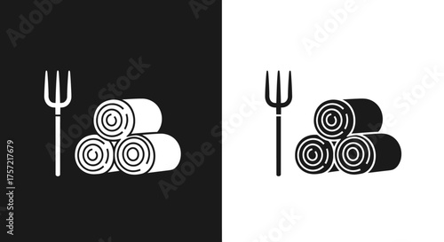 Minimalist Agriculture Vector Icon with Hay Bales and Pitchfork in Black and White Glyph Style