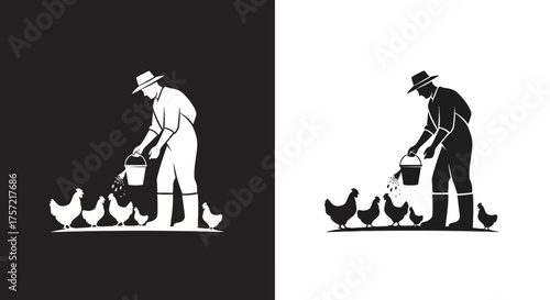 Logo Template Vector Illustration of a Farmer Feeding Chickens Silhouette in Black and White