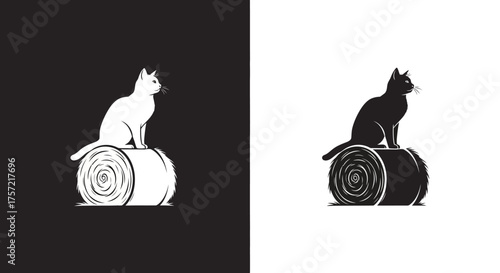 Rustic Farm Cat Vector Logo of a Feline Silhouette on a Hay Bale