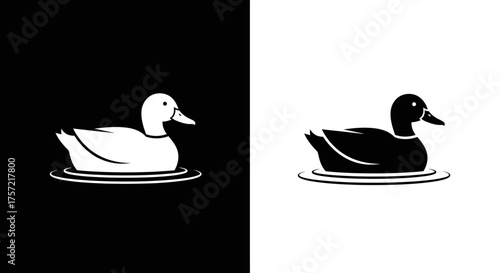 Minimalist Duck Silhouette Vector Icon Floating on Water in Black and White
