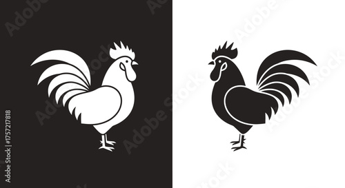 Minimalist Rooster Silhouette Vector Icon Set in Black and White