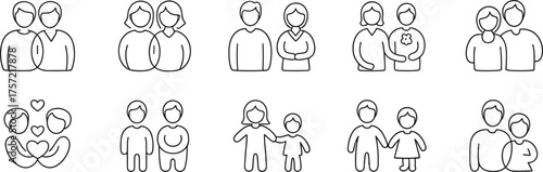 Family relationship icons, parents and children symbols, simple line illustrations representing love, unity, parenting, caregiving, and bonding concepts