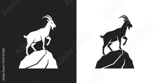 Minimalist Mountain Goat Vector Logo Template on a Rock Peak in a Strong Black and White Silhouette