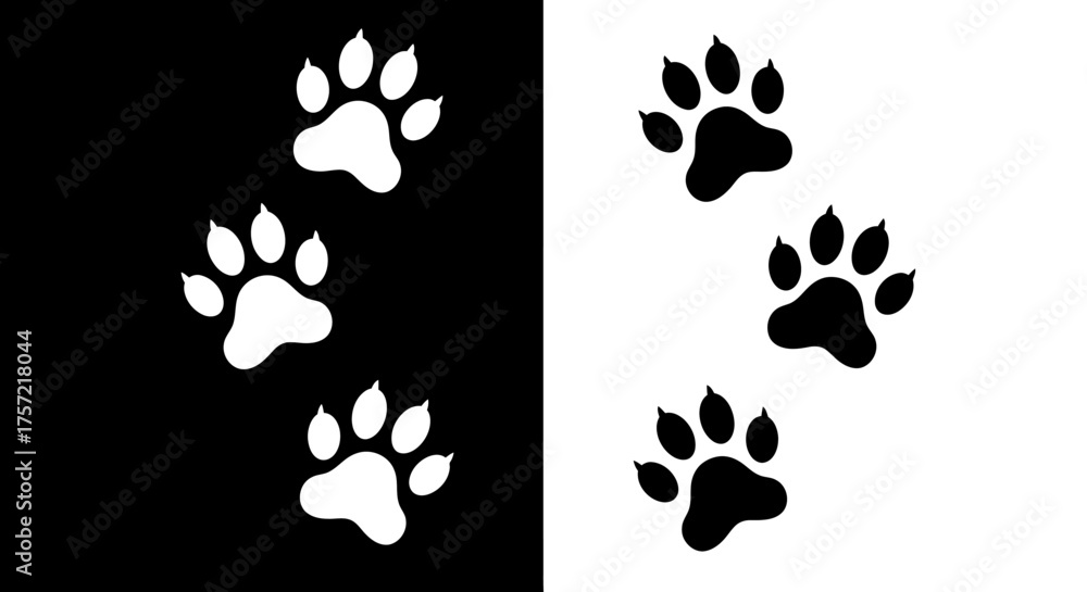 Fototapeta premium Minimalist Animal Paw Print Vector Icon Set in Black and White