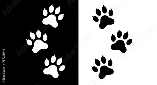 Minimalist Animal Paw Print Vector Icon Set in Black and White