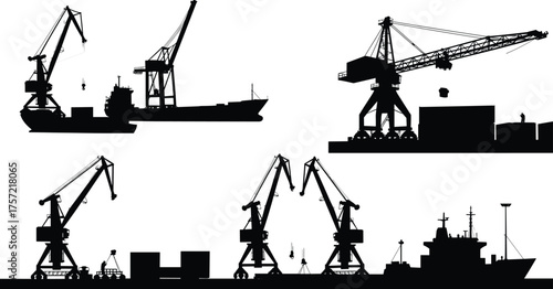 Industrial port silhouette, cargo ship loading, container crane operation, maritime logistics, dock workers, shipping infrastructure, global trade, black and white illustration
