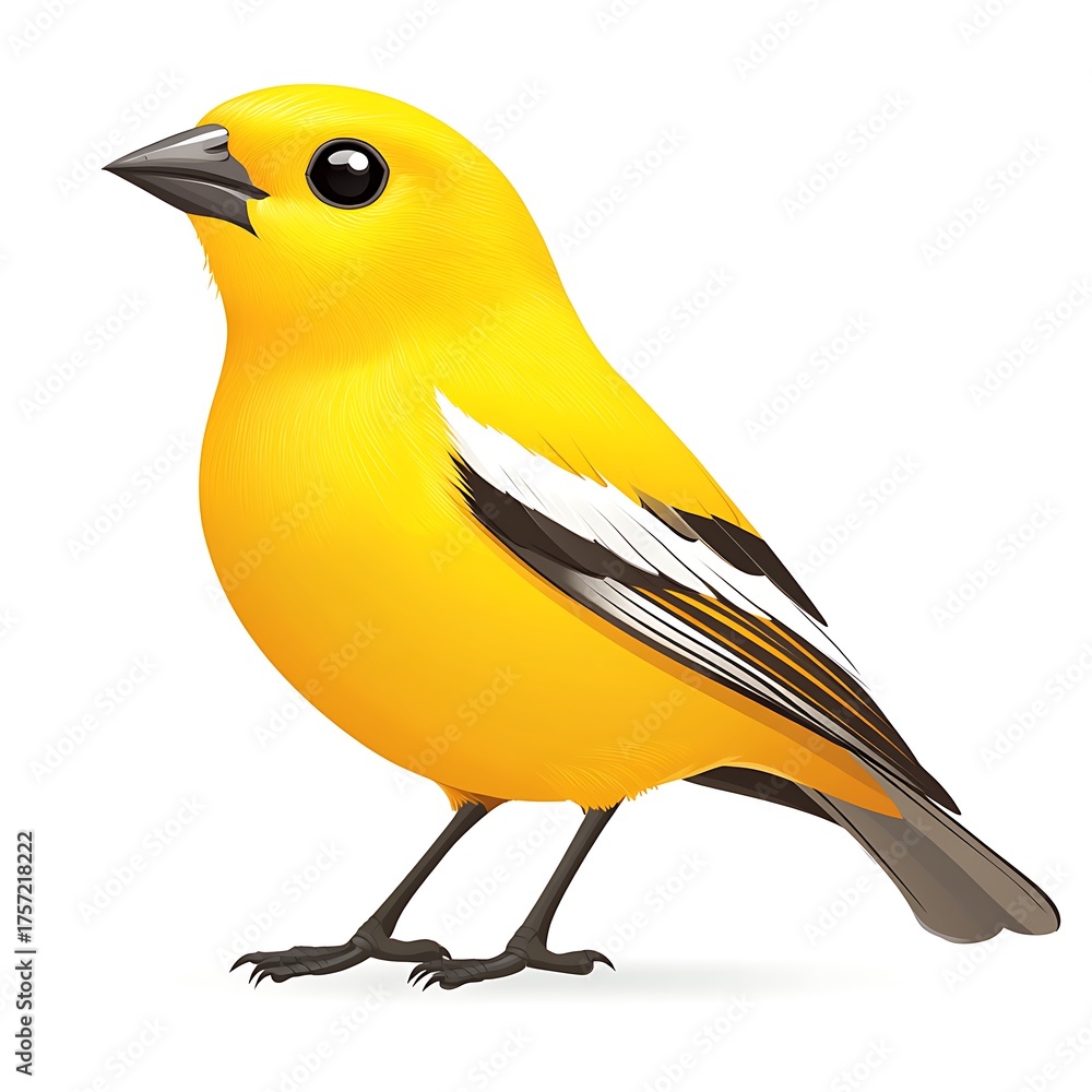 Fototapeta premium Bright Yellow Bird with photo White Wing Markings on White Background small bird avian