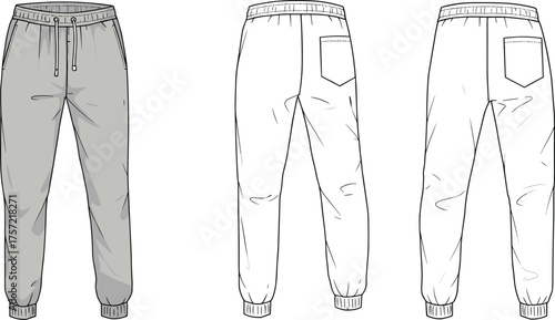 Jogger pants fashion flat, technical illustration front and back, elastic waistband drawstring, side pockets, ankle cuffs, patch pocket variation, garment design vector template
