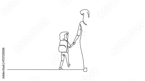 Animation of continuous one line drawing a little girl carrying a backpack walking hand in hand with her mother. Love . Walk Safely To School Day. Single line self drawing animated. Full length motion
