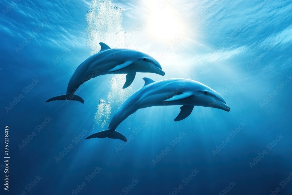 Obraz premium Dolphins swim gracefully in clear blue ocean waters during a sunny day