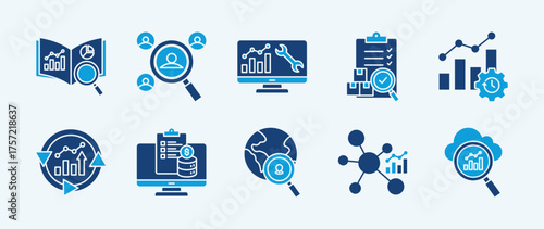 Business analytics thin icon set containing learning analytics, recruitment analysis, predictive maintenance, quality control, operational efficiency
