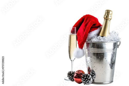 Champagne bottle and glass with santa hat in ice bucket isolated on transparent background. champagne with a red santa claus cap in an ice bucket isolated on white background.