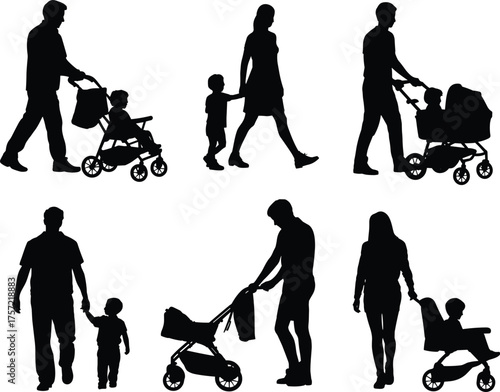 Parents walking with children, family silhouettes, stroller and toddler moments, parenting care, outdoor family bonding, parental responsibility scenes