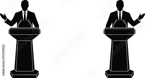 Political debate scene, two speakers at podiums addressing audience, leadership discussion, public speaking, election debate, democratic communication, political dialogue