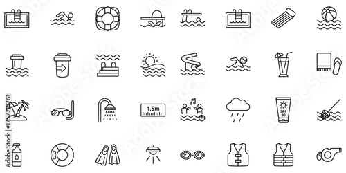 Collection of vector icons offering various swimming pool equipment and beach related activity representations in a simple line art style suitable for summer design
