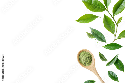 Green tea leaves and spoon with tea isolated on transparent background. Natural matcha green tea powder in a wooden spoon beside fresh tea leaves on a white background.