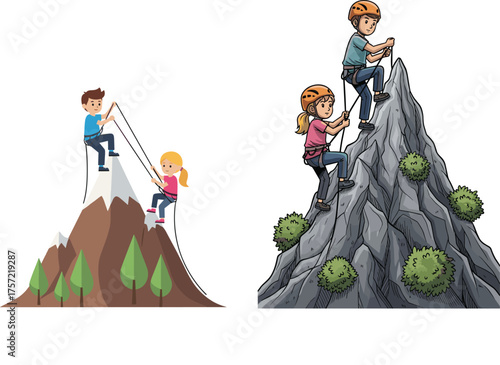Adventure teamwork mountain climbing, children helping each other, group hiking challenge, outdoor exploration, rocky cliff ascent, snow peak cooperation, nature sports activity