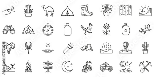 Desert Icons Collection in Linear Style Representing Fauna and Flora Including Camping and Survival Elements for Natural Environment or Exploration of Adventure Tourism or