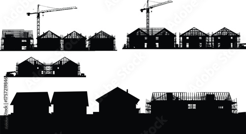 Residential construction site silhouette, housing development, cranes, scaffolding, framing, pitched roofs, urban growth, architecture, building process, real estate, infrastructure, teamwork,