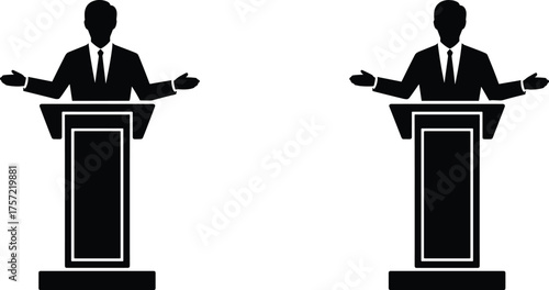 Silhouette of speakers at podium, political debate scene, public speaking concept, leadership presentation, conference discussion illustration, communication