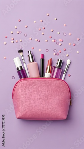 Pink fashion cosmetics and beauty objects set with pencil and brush on white