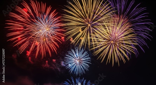 Wallpaper Mural Night Sky Fireworks: A breathtaking display of colorful fireworks explodes across the night sky, illuminating the darkness with bursts of vibrant light and celebrating a moment of joy and celebration. Torontodigital.ca