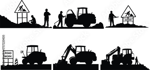Road construction silhouette, heavy machinery, workers, safety signs, excavation, jackhammer, teamwork, infrastructure, dirt pile, loader, excavator, roller, repair, maintenance,