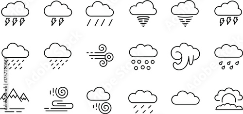 Weather forecast icons set, cloud storm symbols, rain wind climate illustrations, minimal line art meteorology graphics for apps and reports