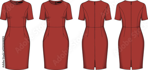 Fitted knee length dress fashion flat sketch, short sleeve tailored garment design, professional office wear illustration, technical clothing drawing, princess seam contour pattern