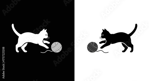 Playful Cat Silhouette Vector Icon with Yarn Ball in Black and White