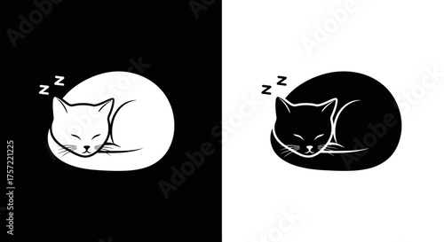 Minimalist Sleeping Cat Vector Logo Icon with a Cute Curled Up Circular Design