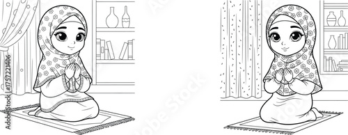 cute muslim girl praying. cartoon outline  illustration of a joyful child in hijab on a prayer mat