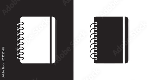 Black and white spiral notebook icon vector graphic illustration.