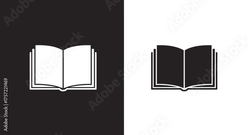 Minimalist open book silhouette icon on contrasting backgrounds.