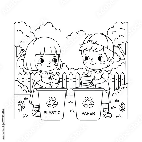 Kids recycling plastic and paper, a cartoon illustration of children practicing environmental conservation