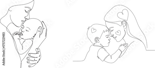 continuous line art, tender moments of motherhood, love, and connection between a mother and baby