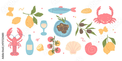 set of hand-drawn Scandinavian-style seafood. Delicate colors, vintage style. lemon, crab, lobster, olives, pasta, tomatoes