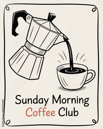 Black and white line art moka pot pouring coffee into cup sunday morning coffee club eps vector silhouette vector illustration white background