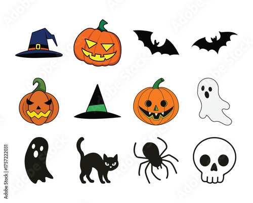 Set of cute Halloween icons including pumpkins, ghosts, bats, witch hats, black cat, spider, and skull. Perfect for holiday decorations, party invitations, and spooky designs.
