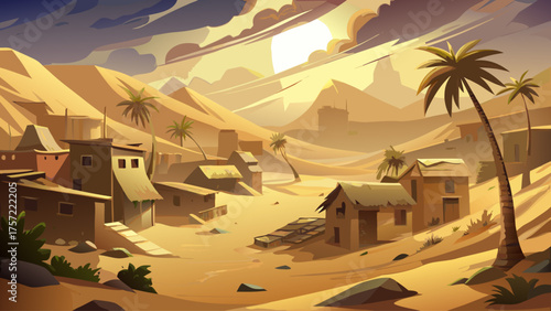Sandstorm sweeping over abandoned desert village, empty houses and palm trees bending, soft golden light filtering through dust, silence and chaos combined