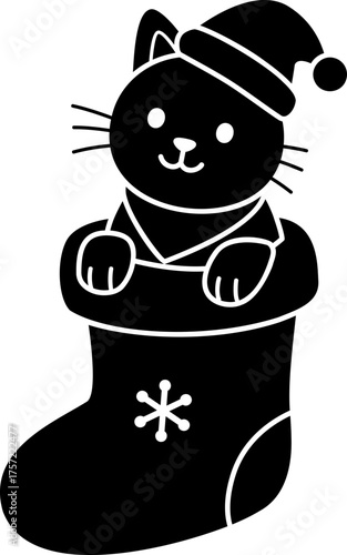 Christmas cat sitting in sock silhouette vector.
Holiday pet character isolated.
Transparent background. SVG.