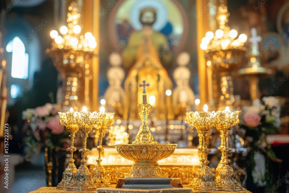 Fototapeta premium Golden altar accessories in a church illuminated by soft candlelight during a prayer service