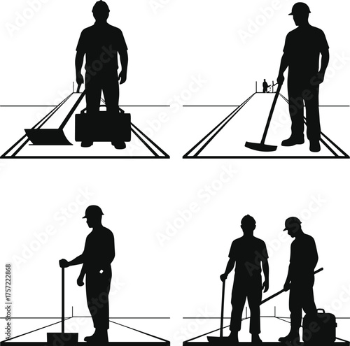 Silhouette construction workers on road site, shovel, broom, compactor, teamwork, heavy equipment, civil engineering, labor, maintenance, industrial job scene