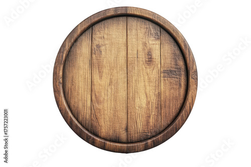 Old wooden barrel end isolated on transparent background. Round wooden sign board or shield isolated on white background.