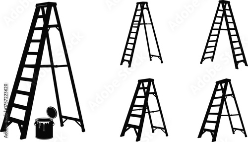 Step ladders silhouette set, construction tools vector, paint can and brush, black isolated icons, home repair, DIY equipment illustration